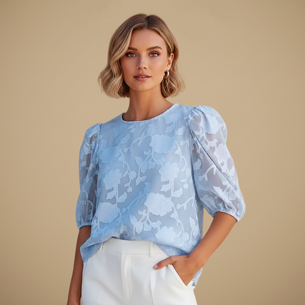 Damesblouse van chiffon met ronde hals en pofmouwen Jelle Jora Mode