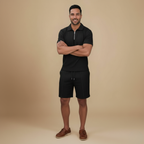 Wafelgebreide polo met ritssluiting en korte broek Jelle Jora Mode