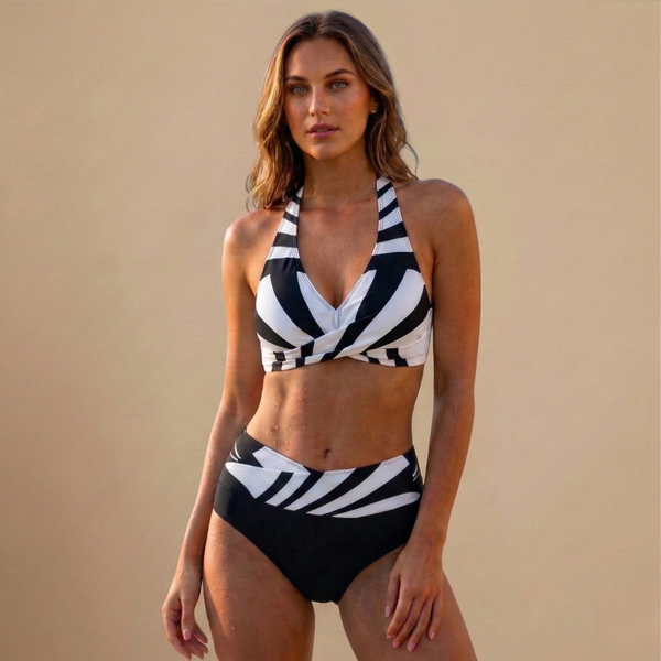 Dames gestreepte halterbikini set met hoge taille tweedelige badkleding Jelle Jora Mode