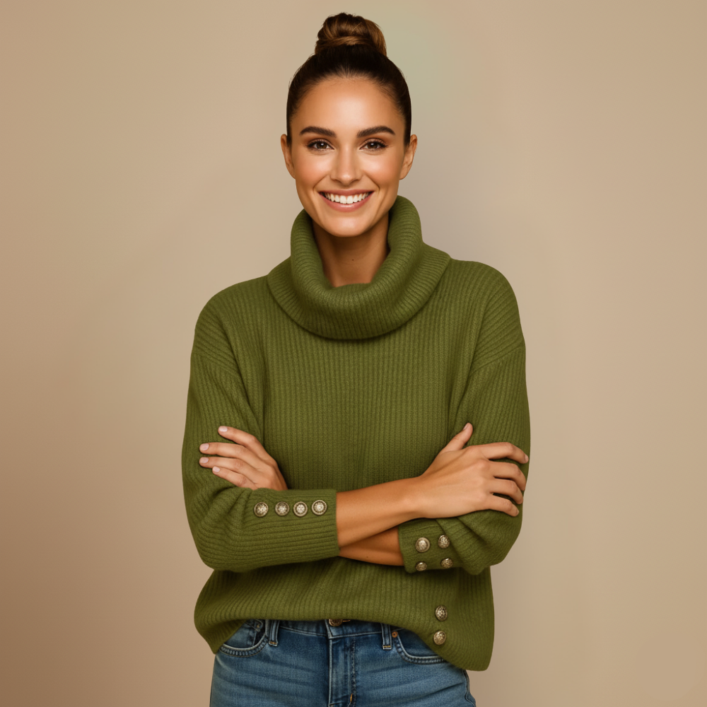 Dames turtleneck gebreide trui – knopenontwerp Jelle Jora Mode