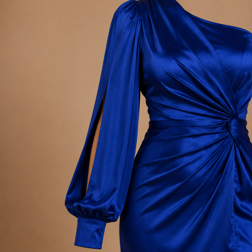 Dames maxi-jurk met één schouder en gedrapeerde details Jelle Jora Mode
