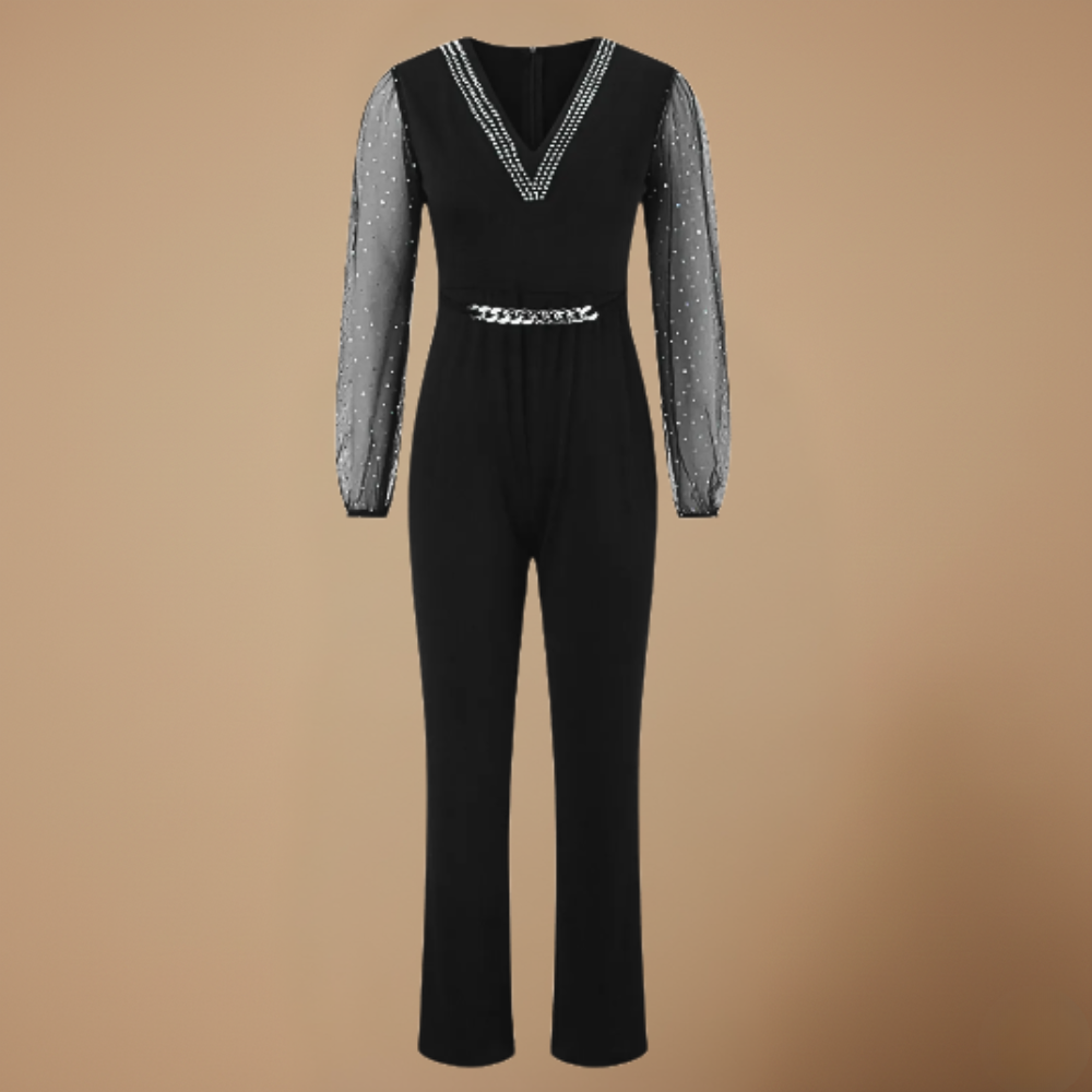 Dames elegante jumpsuit met V hals en mesh mouwen Jelle Jora Mode