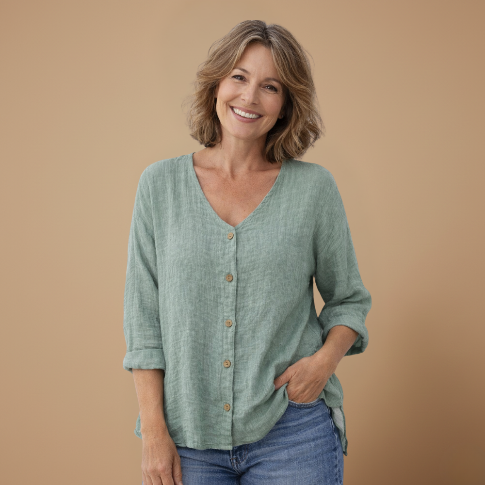 Dames casual blouse met losse pasvorm v-hals knopen en lange mouwen Jelle Jora Mode