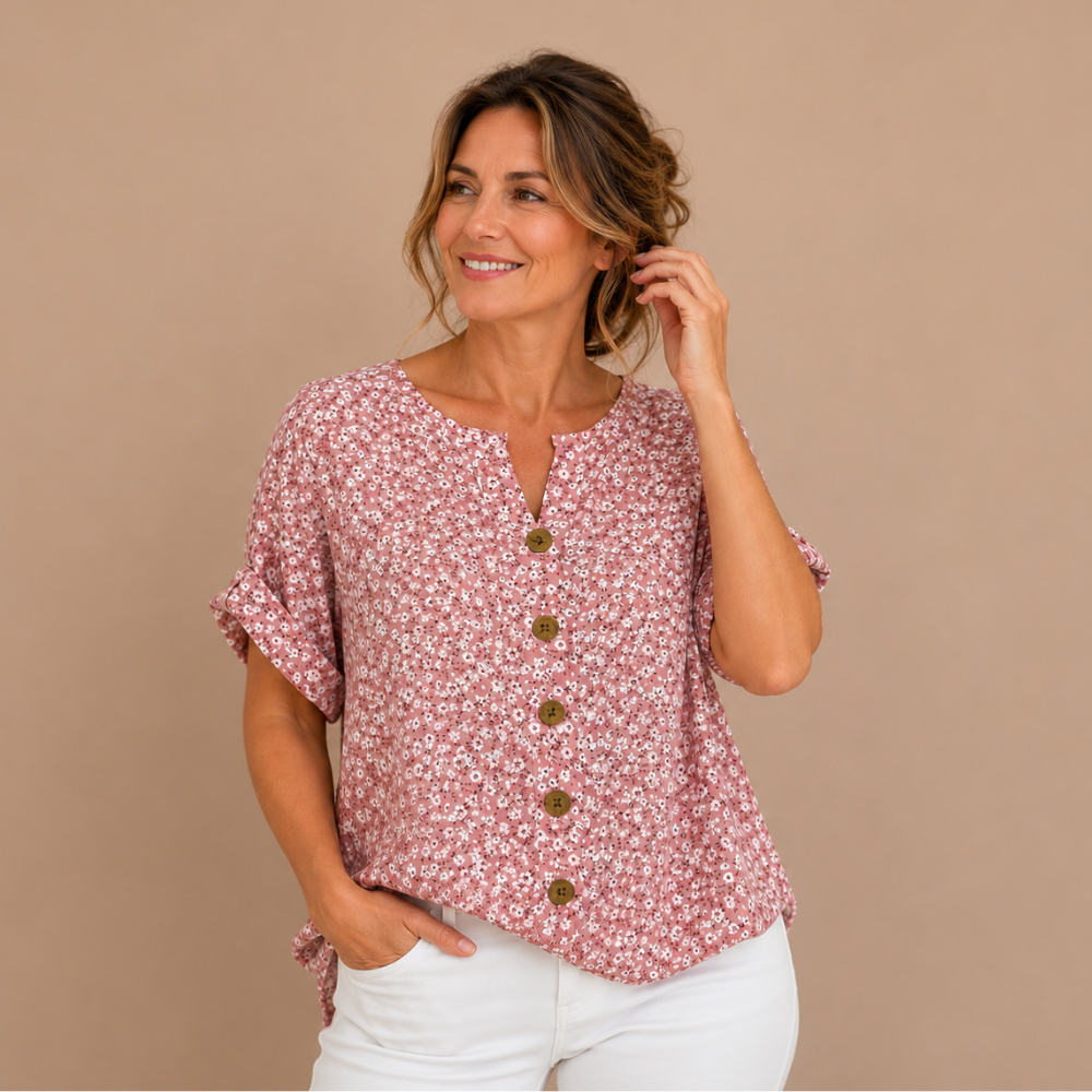 Damesblouse met bloemenprint V-hals en korte mouwen Jelle Jora Mode