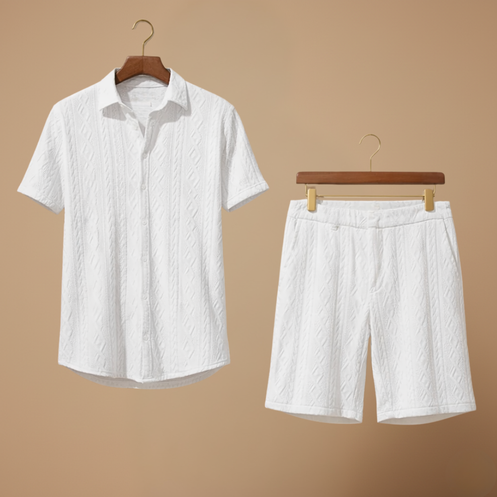 Jacquard gestructureerde set met kortemouwen shirt en korte broek Jelle Jora Mode