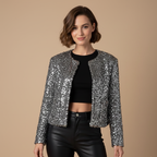 Zilveren cropped jasje met ronde hals en pailletten Jelle Jora Mode