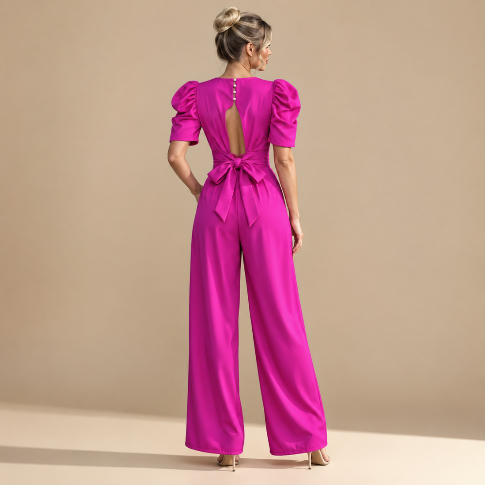 Jumpsuit met pofmouwen V-hals en wijde pijpen Jelle Jora Mode