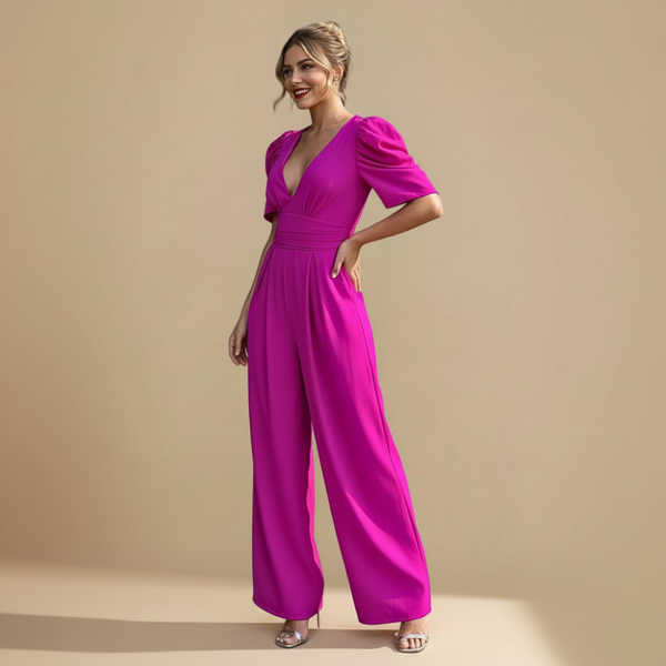 Jumpsuit met pofmouwen V-hals en wijde pijpen Jelle Jora Mode