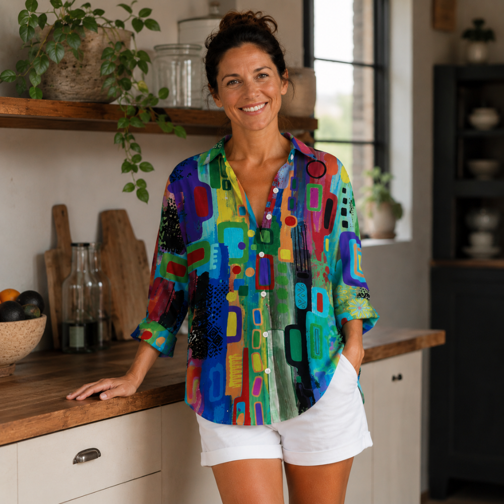 Dames casual blouse met lange mouwen knopen en abstract patroon Jelle Jora Mode