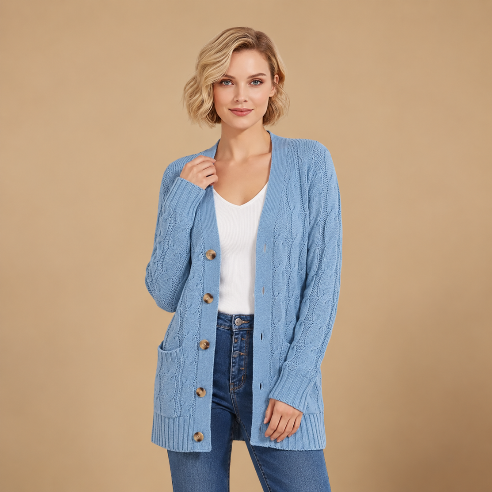 Lange gebreide effen cardigan met enkele knoopsluiting voor dames Jelle Jora Mode