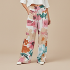 Damesbroek met wijde pijpen en bladprint hoge elastische taille Jelle Jora Mode