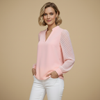 Damesblouse met V-hals mesh mouwen en chiffon Jelle Jora Mode