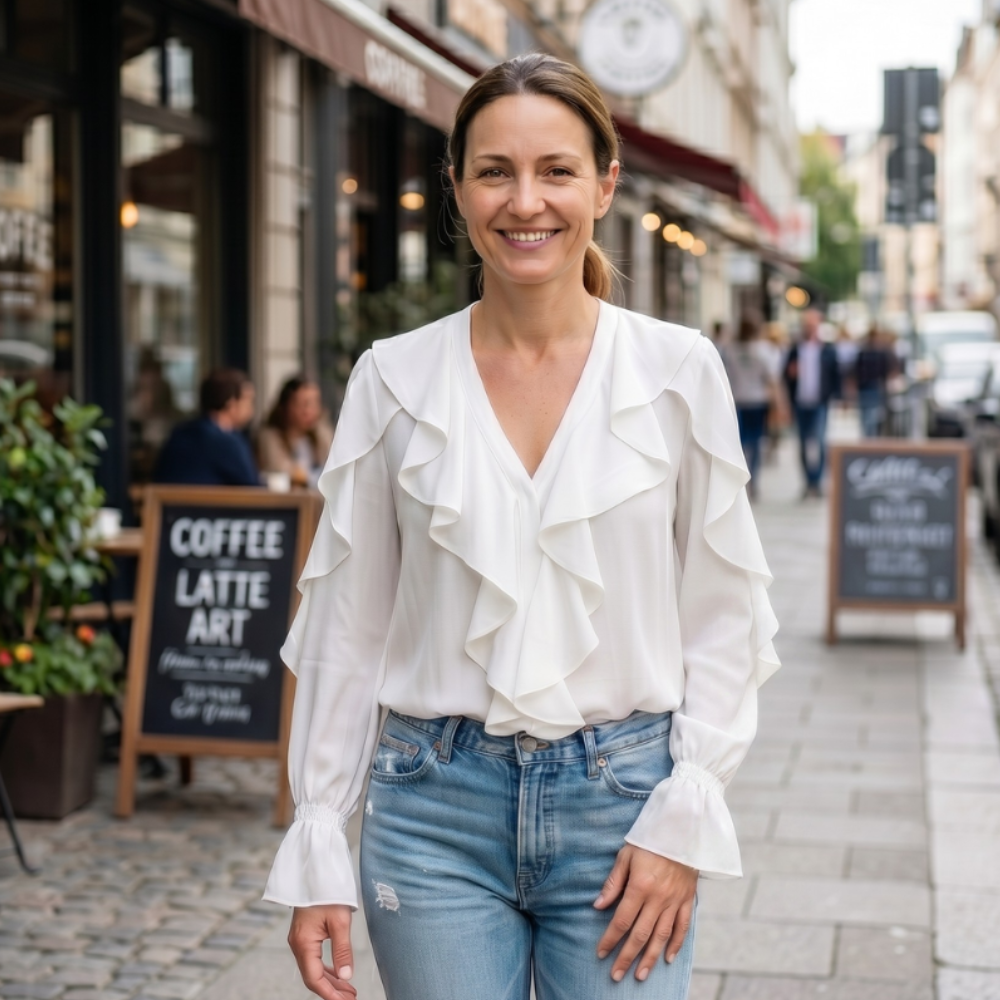 Damesblouse met ruches V-hals en lange mouwen Jelle Jora Mode