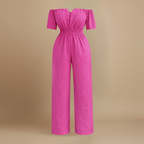 Dames off-shoulder jumpsuit met plooien en wijde pijpen Jelle Jora Mode