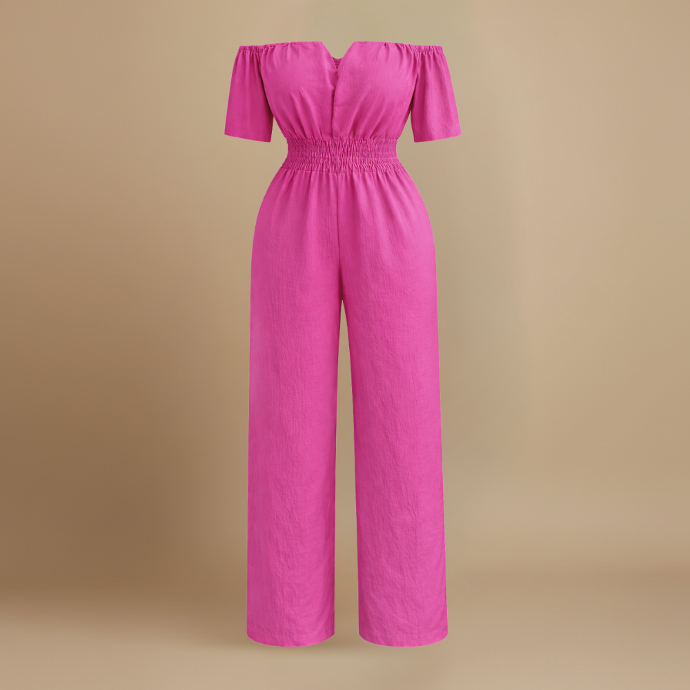 Dames off-shoulder jumpsuit met plooien en wijde pijpen Jelle Jora Mode