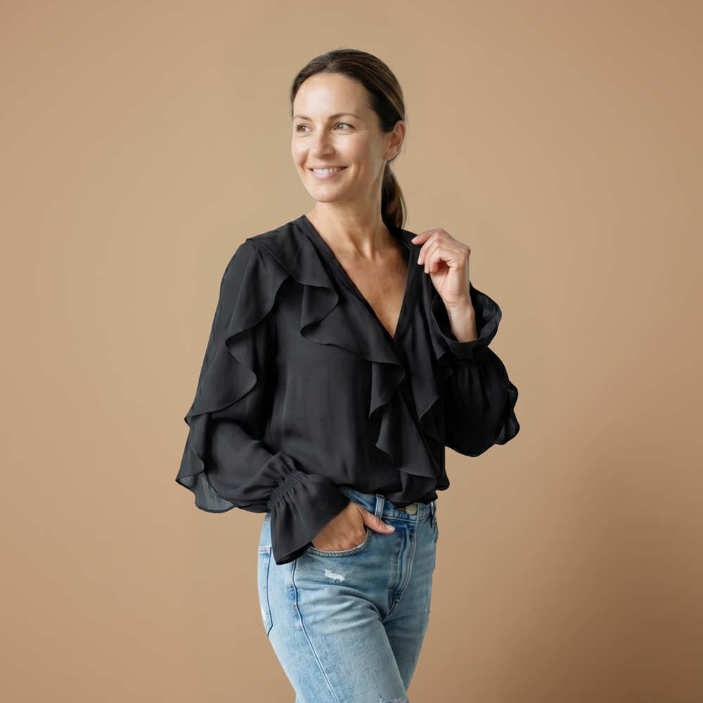 Damesblouse met ruches V-hals en lange mouwen Jelle Jora Mode