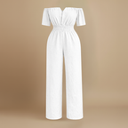 Dames off-shoulder jumpsuit met plooien en wijde pijpen Jelle Jora Mode