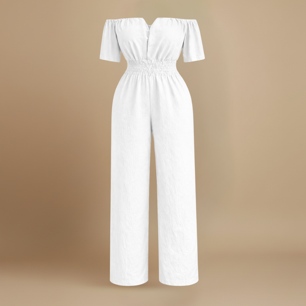 Dames off-shoulder jumpsuit met plooien en wijde pijpen Jelle Jora Mode