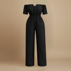 Dames off-shoulder jumpsuit met plooien en wijde pijpen Jelle Jora Mode