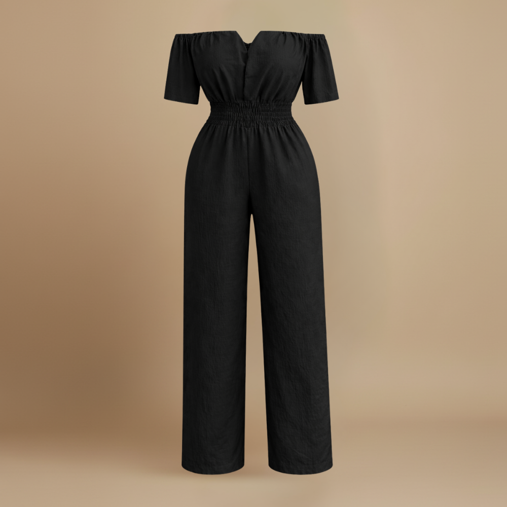 Dames off-shoulder jumpsuit met plooien en wijde pijpen Jelle Jora Mode
