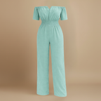 Dames off-shoulder jumpsuit met plooien en wijde pijpen Jelle Jora Mode