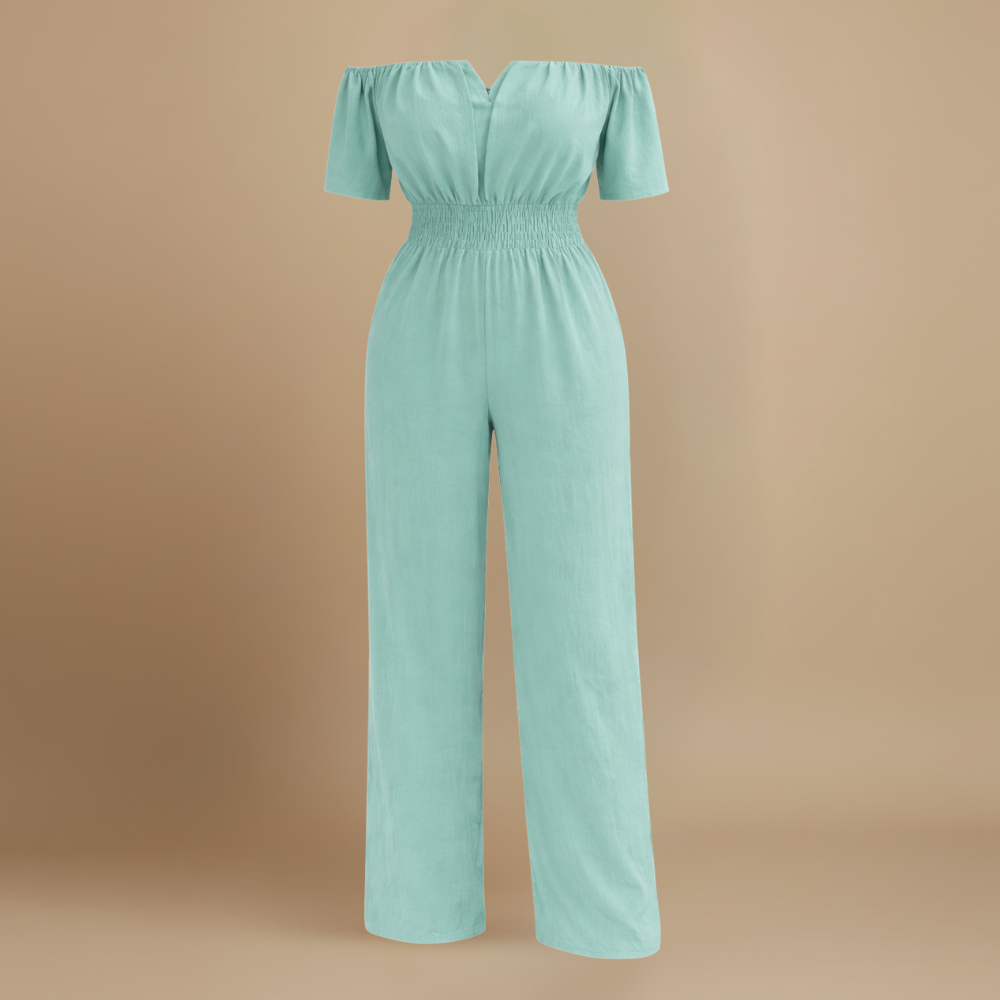 Dames off-shoulder jumpsuit met plooien en wijde pijpen Jelle Jora Mode