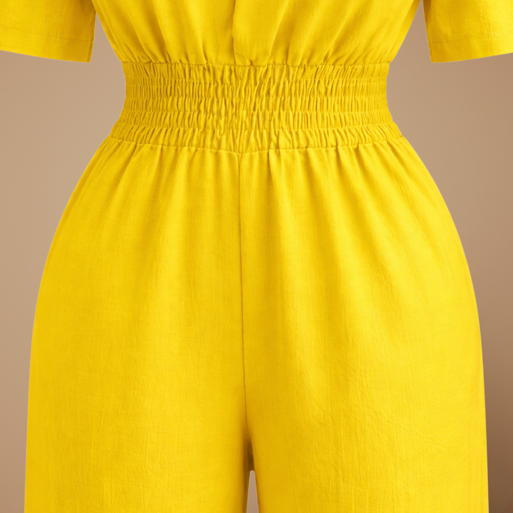 Dames off-shoulder jumpsuit met plooien en wijde pijpen Jelle Jora Mode