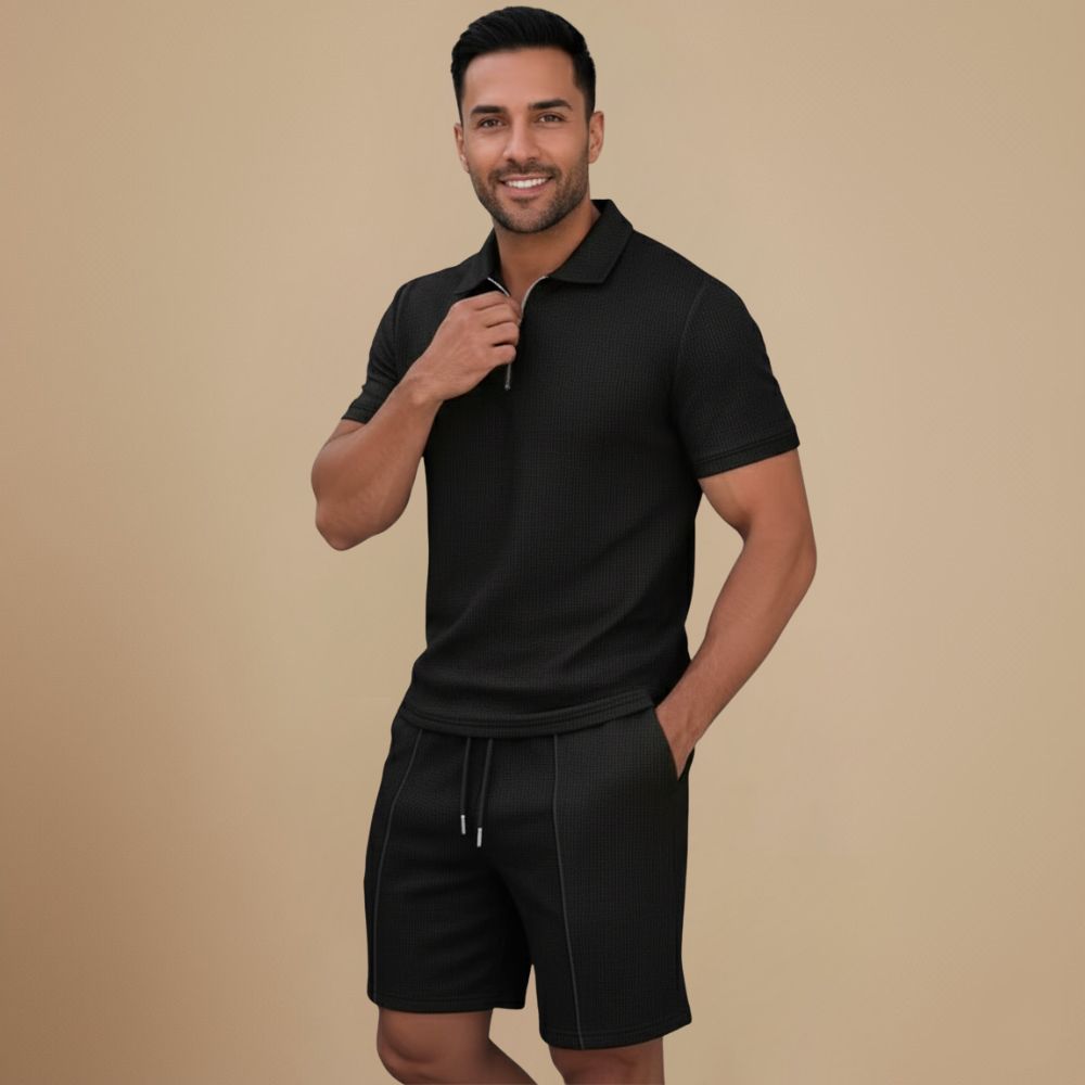 Wafelgebreide polo met ritssluiting en korte broek Jelle Jora Mode