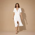 Dames elegante midi-jurk met v-hals en detail in de taille Jelle Jora Mode