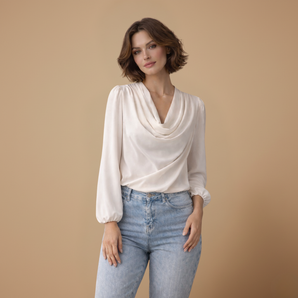 Dames casual blouse met gedrapeerde hals en pofmouwen Jelle Jora Mode
