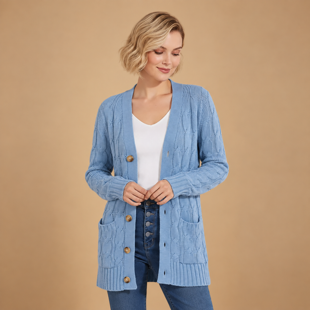 Lange gebreide effen cardigan met enkele knoopsluiting voor dames Jelle Jora Mode