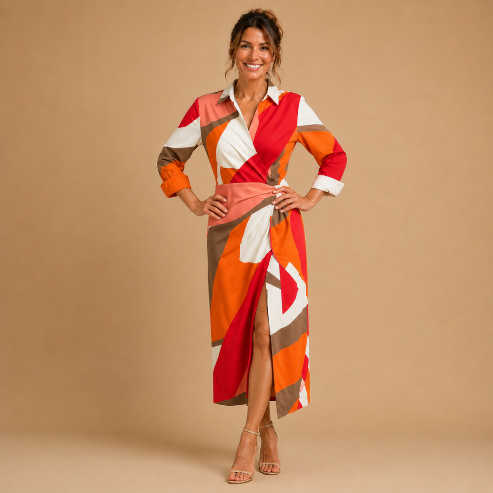 Dames midi-wikkeljurk met strikceintuur en abstract design Jelle Jora Mode