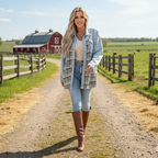 Denim jasje met patchwork ruitjesmotief en knoopsluiting Jelle Jora Mode