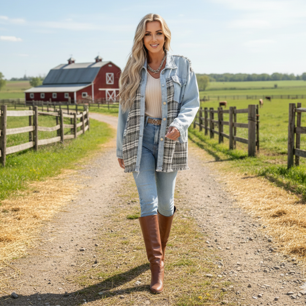 Denim jasje met patchwork ruitjesmotief en knoopsluiting Jelle Jora Mode