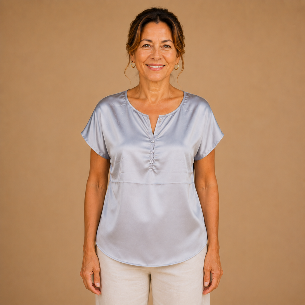 Dames shirt met v-hals korte mouwen en knopen Jelle Jora Mode