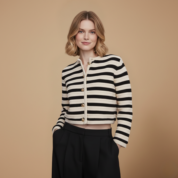 Gestreepte korte gebreide cardigan met knopen voor dames Jelle Jora Mode