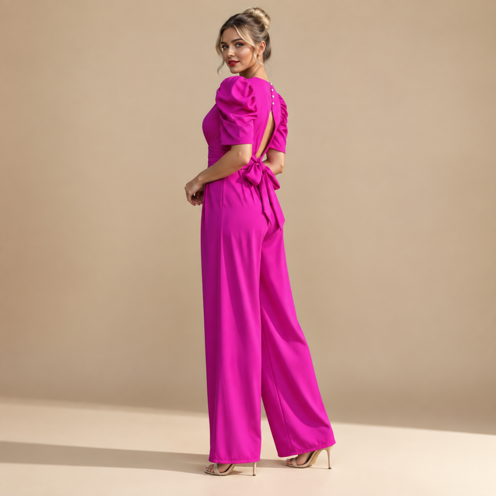 Jumpsuit met pofmouwen V-hals en wijde pijpen Jelle Jora Mode