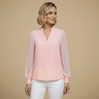 Damesblouse met V-hals mesh mouwen en chiffon Jelle Jora Mode