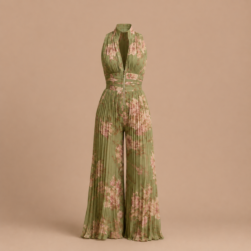 Dames jumpsuit met plooien V-hals en wijde pijpen Jelle Jora Mode