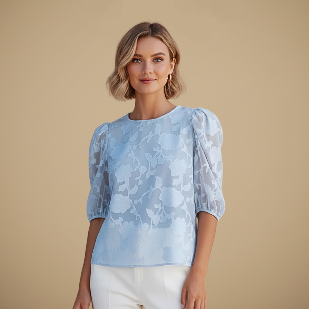 Damesblouse van chiffon met ronde hals en pofmouwen Jelle Jora Mode