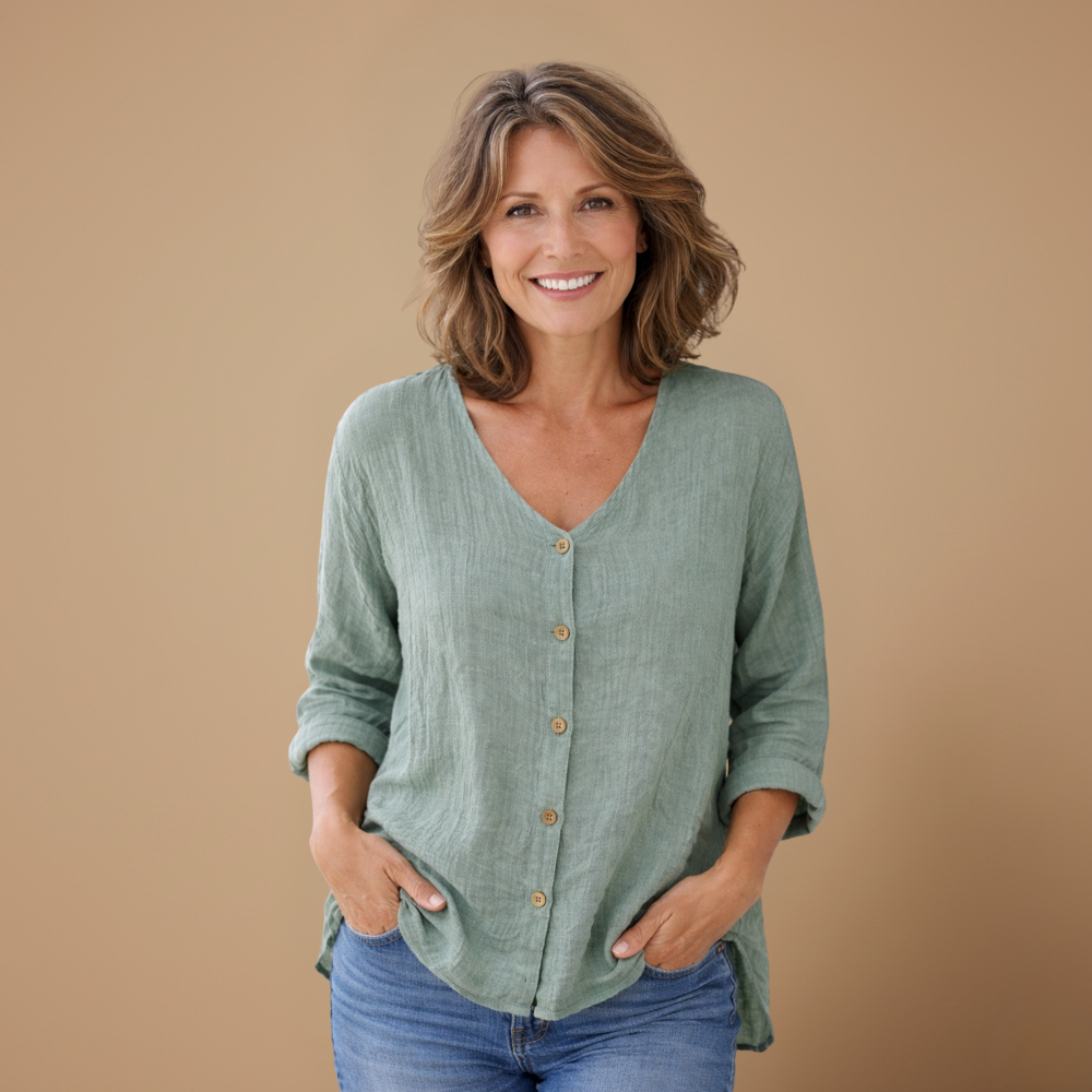 Dames casual blouse met losse pasvorm v-hals knopen en lange mouwen Jelle Jora Mode