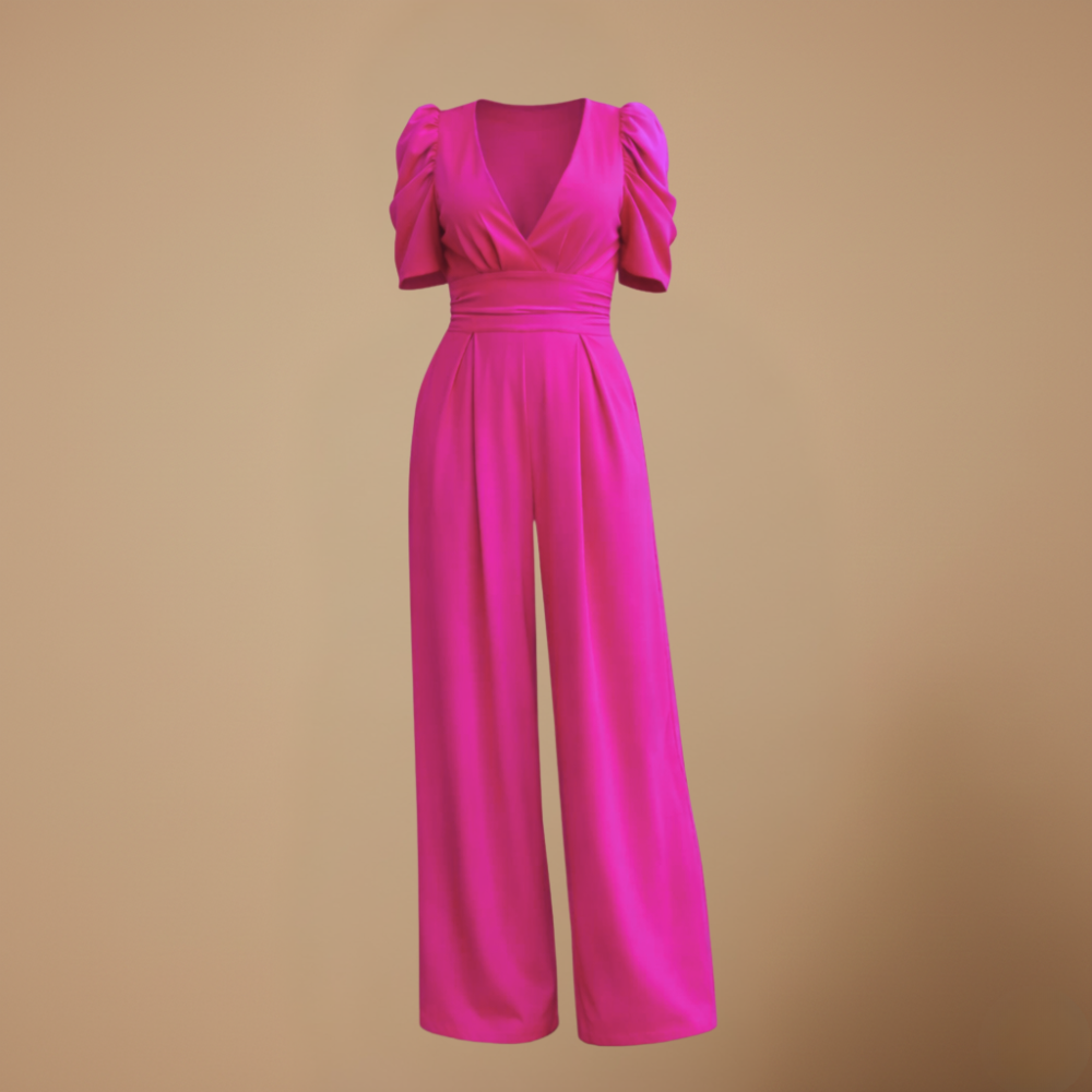 Jumpsuit met pofmouwen V-hals en wijde pijpen Jelle Jora Mode