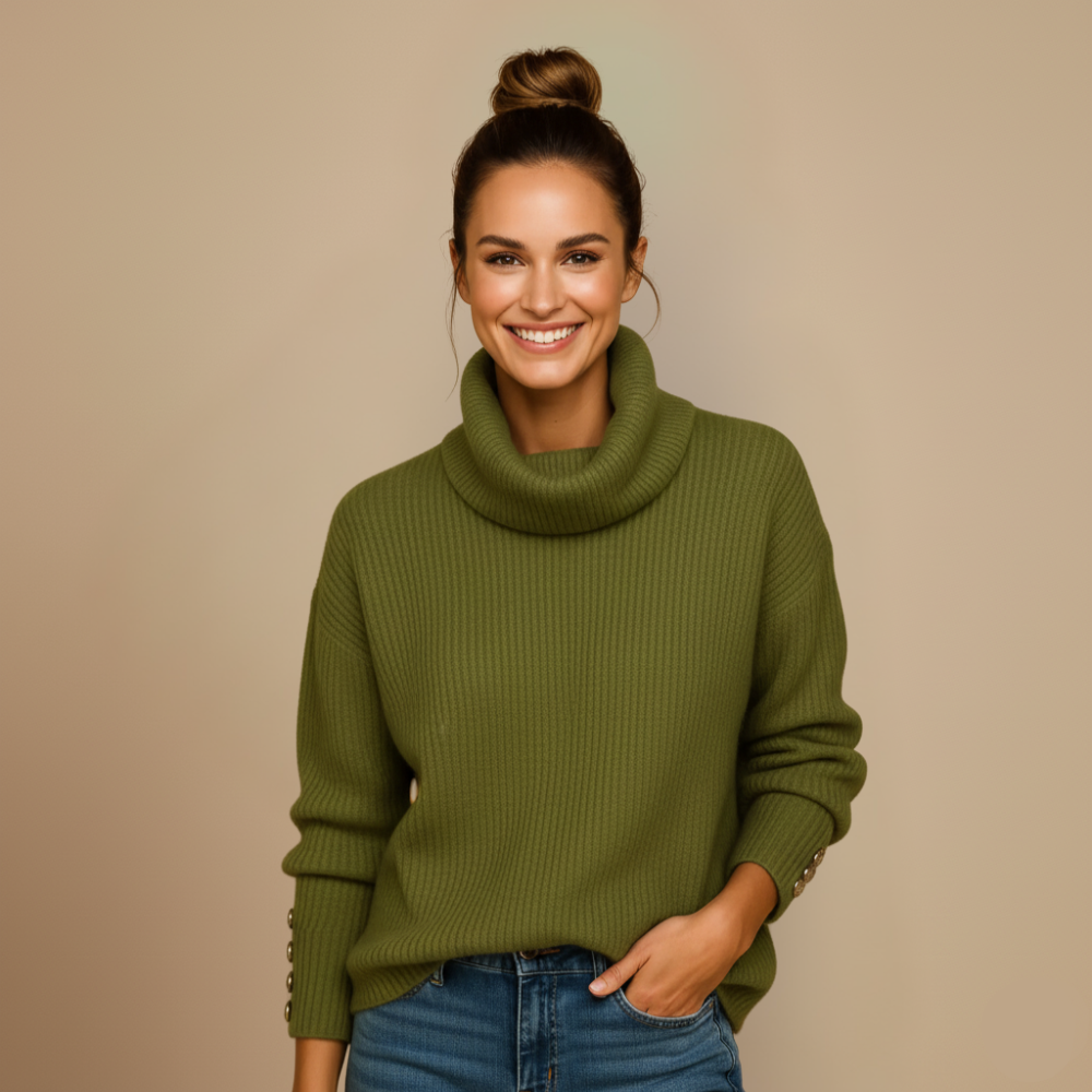 Dames turtleneck gebreide trui – knopenontwerp Jelle Jora Mode