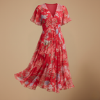Dames midi-jurk met bloemendesign en V-hals met empire-taille Jelle Jora Mode