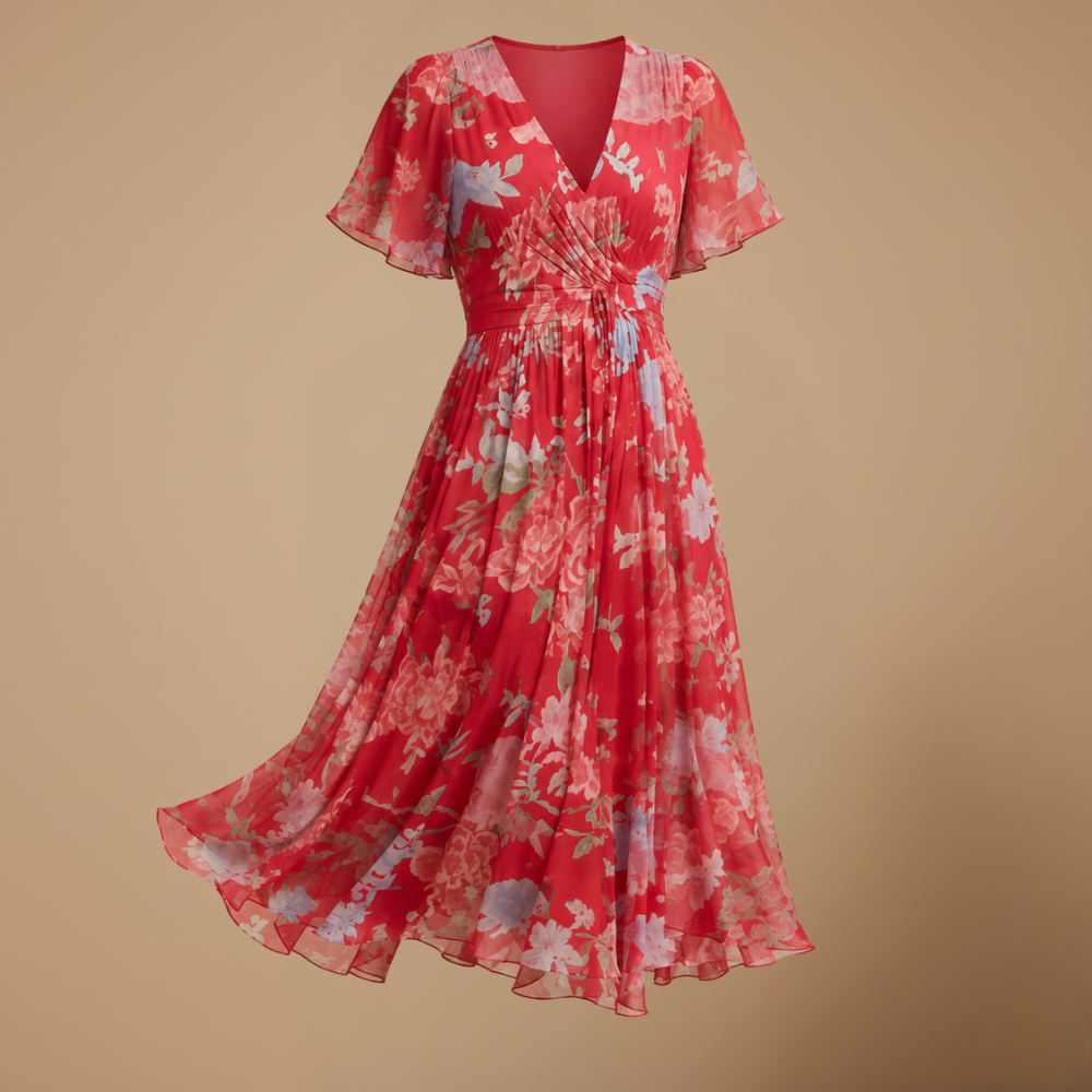 Dames midi-jurk met bloemendesign en V-hals met empire-taille Jelle Jora Mode