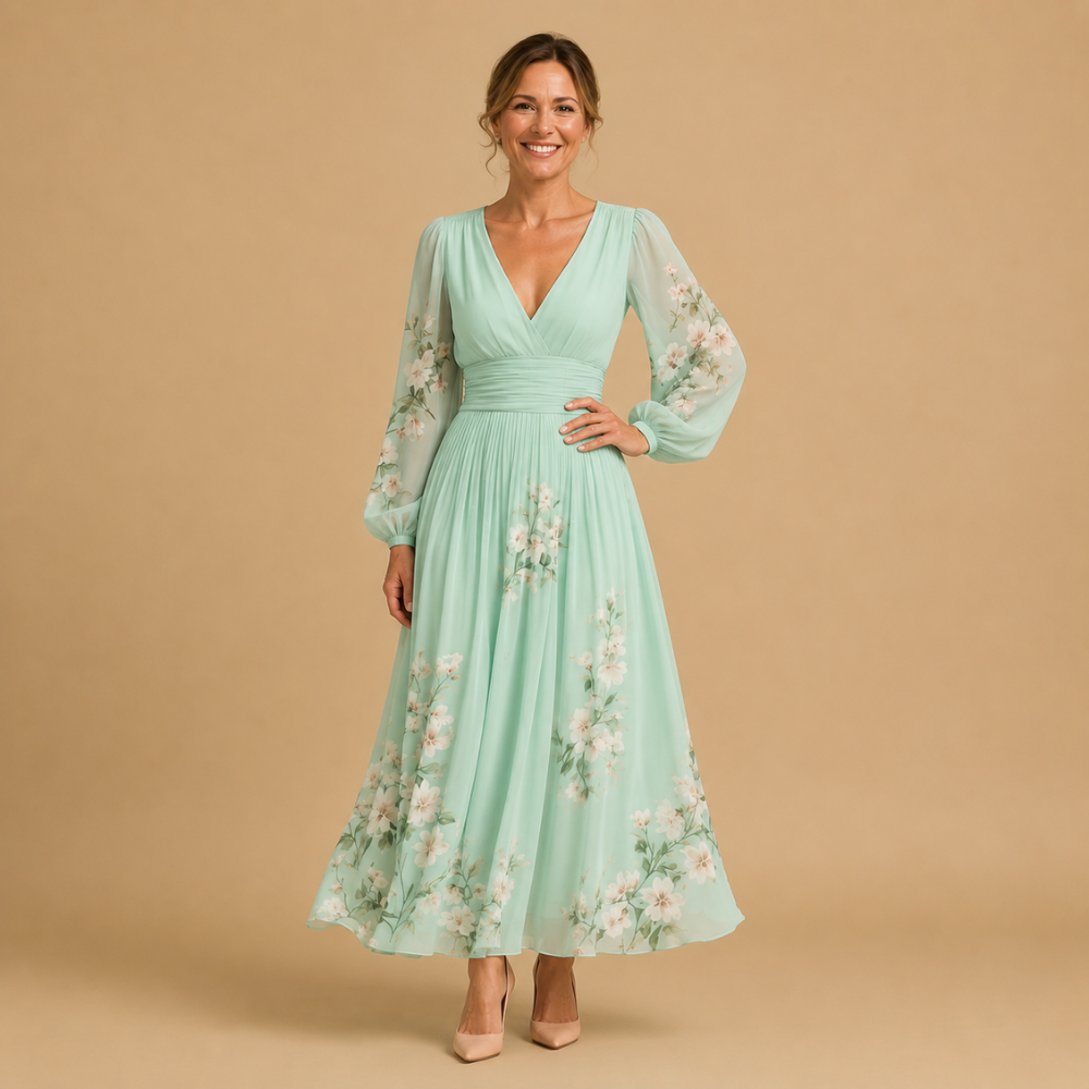Dames midi-jurk met V-hals en lampionmouwen Jelle Jora Mode