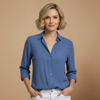 Dames losvallend effen overhemd met lange mouwen en knoopsluiting