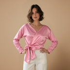 Dames elegante casual wikkelblouse met strikceintuur en lange mouwen Jelle Jora Mode