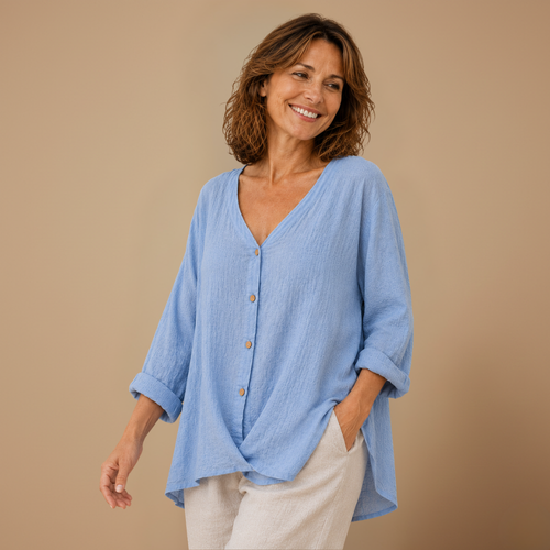 Dames casual blouse met losse pasvorm knoopsluiting en v-hals Jelle Jora Mode