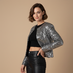 Zilveren cropped jasje met ronde hals en pailletten Jelle Jora Mode